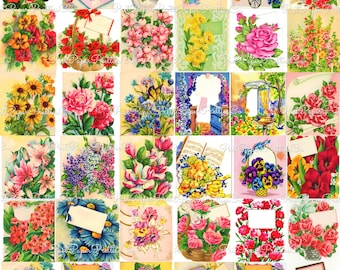 Vintage Printable Pretty Bright Flower Garden Bouquets Greeting Card Collages 36 Images c. 1950s PDF Instant Digital Download Floral Clipart