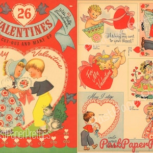 Vintage druckbare Valentinstag Karte ausgeschnitten Collage Sheets Retro 1947 Tulmans PDF Sofort-Digital-Download Süße Kitsch Mädchen Jungen Tiere