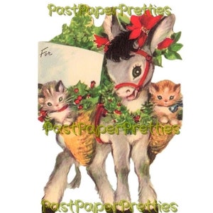 Carte mignonne avec âne de Noël à imprimer vintage portant des chatons c. Clipart animaux kitsch en téléchargement numérique des années 1940 JPEG PNG