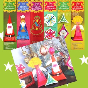 Vintage druckbare 3-D-Weihnachtsdekorationen Ornamente c. 1966 Retro Engel Weihnachtsmann Schneeflocke Wiseman Papier Handwerk PDF Sofortiger digitaler Download