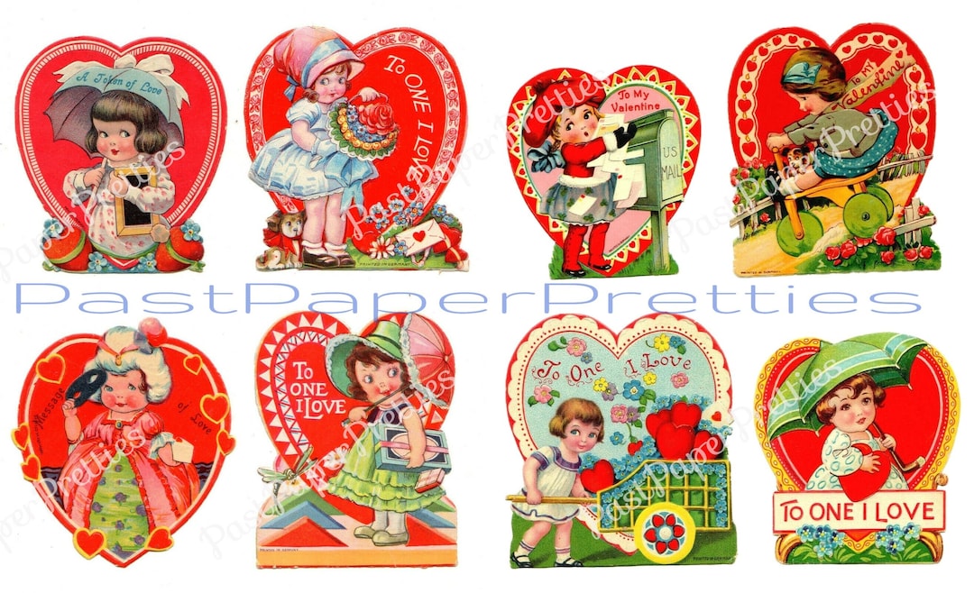 Vintage Printable Valentines Day Cards Old Fashioned Little Ladies Art Deco Girls Collage Sheets ...