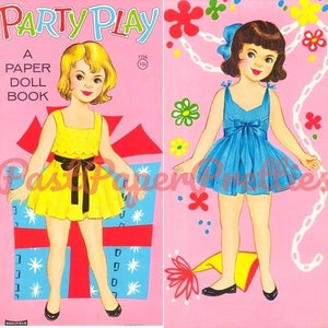 Festa de bonecas de papel vintage c. 1966 PDF para impressão Download digital instantâneo 2 clipart de meninas de aniversário fofas e kitsch
