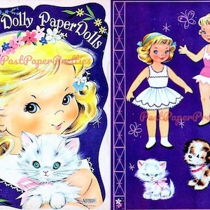 ヴィンテージペーパードール 可憐なドリー 1959年頃 印刷可能なPDF インスタントデジタルダウンロード かわいい女の子とペット2匹 キッチュなかわいいクリップアート