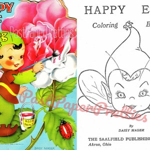Páginas para colorear imprimibles vintage Elfo feliz 1952 PDF Descarga digital instantánea Lindos animales del bosque de hadas Pixie kitsch 29 páginas