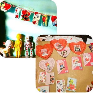 May include: A collection of vintage Valentine's Day cards and decorations, including a paper chain with hearts and figures, a set of lace doilies with hearts, and a variety of cards with romantic themes.