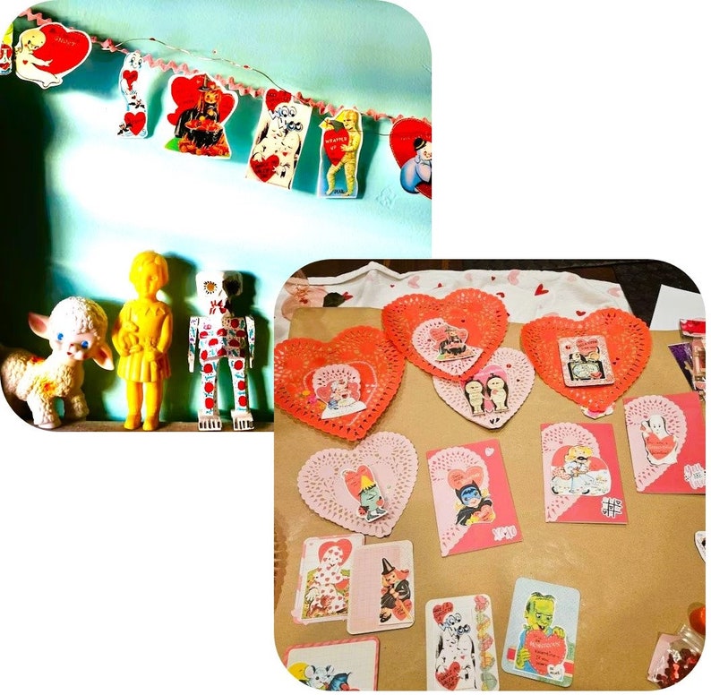 May include: A collection of vintage Valentine's Day cards and decorations, including a paper chain with hearts and figures, a set of lace doilies with hearts, and a variety of cards with romantic themes.