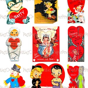 May include: Nine vintage Valentine's Day cards featuring illustrations of a bat, a mummy, a witch, a devil, a scarecrow, and a ghost. The cards have red hearts and the text "I'm Batty You!", "I'm all Wrapped Up in You Valentine", "Give Been in a Stew Before", "Be With Me Valentine", "You've Heart Me", "If You'll Let Me Be Your Valentine", and "Ghouls".
