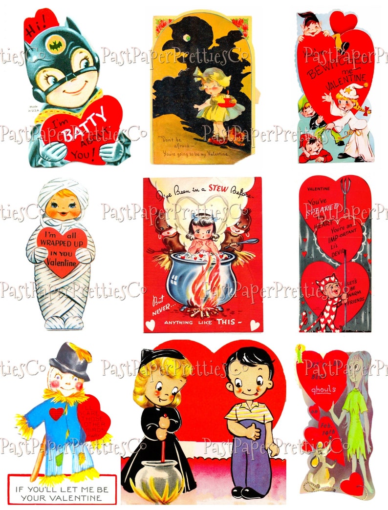 May include: Nine vintage Valentine's Day cards featuring illustrations of a bat, a mummy, a witch, a devil, a scarecrow, and a ghost. The cards have red hearts and the text "I'm Batty You!", "I'm all Wrapped Up in You Valentine", "Give Been in a Stew Before", "Be With Me Valentine", "You've Heart Me", "If You'll Let Me Be Your Valentine", and "Ghouls".
