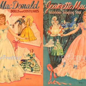 May include: Two vintage paper dolls of Jeanette MacDonald, a famous actress and singer. The dolls are dressed in elaborate gowns and are surrounded by smaller paper dolls in various costumes. The text on the cover reads "Jeanette MacDonald Dolls and Costumes" and "Jeanette MacDonald Glorious Singing Star Dolls and Costumes from Her Screen Plays".