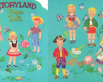 May include: A vintage paper doll book with the title "Storyland Paper Dolls". The book features five paper dolls, including a girl in a red and white dress, a boy in a blue and white outfit, a girl in a blue and white dress, a boy in a red and yellow outfit, and a girl in a white dress. The dolls are surrounded by flowers and butterflies.