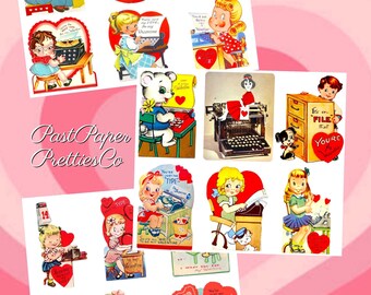 May include: A collection of vintage Valentine's Day cards featuring illustrations of children, typewriters, and hearts. The cards have a retro aesthetic with soft colors and text like "You Are Just My Type" and "It's on File that You're My Valentine."