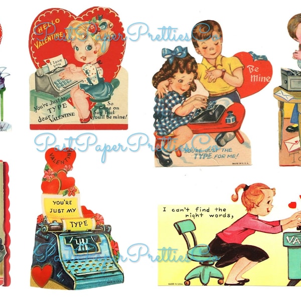 Vintage Secretary Valentines Cute Typewriters Themed Cards Collage Sheets Printable PDF Instant Digital Download Happy Valentines Day