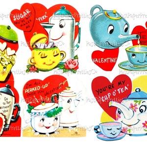 May include: A set of ten vintage Valentine's Day cards featuring cartoon illustrations of kitchen appliances and teacups. The cards are red with white hearts and feature phrases like "You're My Cup O' Tea" and "I'm All Perked Up Over You Valentine!"