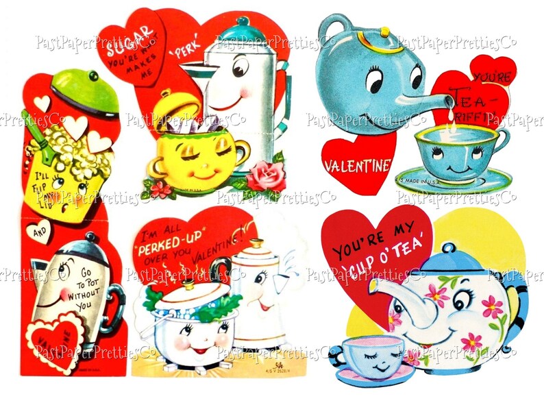 May include: A set of ten vintage Valentine's Day cards featuring cartoon illustrations of kitchen appliances and teacups. The cards are red with white hearts and feature phrases like "You're My Cup O' Tea" and "I'm All Perked Up Over You Valentine!"