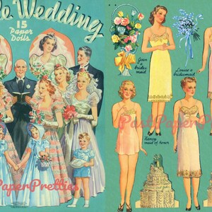 Muñecas de papel antiguas, boda doble, c. 1939, descarga digital instantánea en formato PDF para imprimir, 15 muñecas y ropa para la fiesta nupcial, imágenes prediseñadas