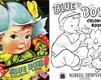 Vintage druckbare Malseiten blaue Jungen Malbuch 1950 PDF Instant Digital Download Cute Kitsch Jungen und Mädchen beim Spielen 48 Seiten