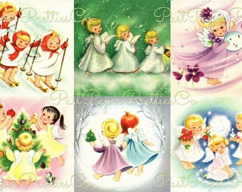 Vintage Printable Christmas Images Adorable Angel Friends Collage Sheets and Full Size Cards PDF Instant Digital Download Heavenly Clip Art