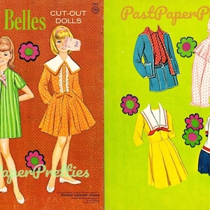 Bonecas de papel vintage Pretty Belles Recortes PDF para impressão Download digital instantâneo 2 bonecas fofas de amigas e clip art de moda dos anos 60