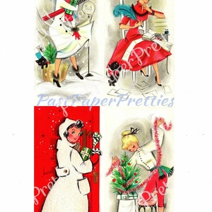 Imagens de cartões de Natal vintage para impressão de donas de casa de férias Lindas moças de meados do século Retro Housewife PDF Download digital instantâneo CONJUNTO TRÊS