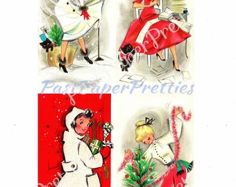 Vintage Printable Holiday Housewives Christmas Card Images Pretty Mid Century Ladies Retro Housewife PDF Instant Digital Download SET THREE