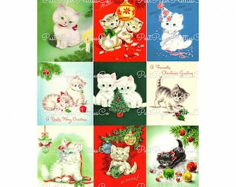 Fogli di collage vintage stampabili con adorabili gattini natalizi, biglietti di auguri retrò, 54 immagini PDF, download digitale immediato, tutte le clipart di gatti