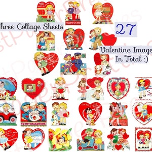 27 Vintage Big Eyed Kinder Valentinstag Karten Collage Sheets Cute Kitsch Mädchen Jungen Printable PDF Instant Digital Download 1930er Jahre