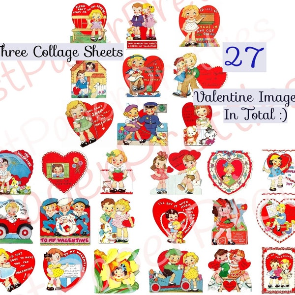 27 Vintage Big Eyed Children Valentine Cards Collage Sheets Cute Kitsch Girls Boys Printable PDF Instant Digital Download 1930s