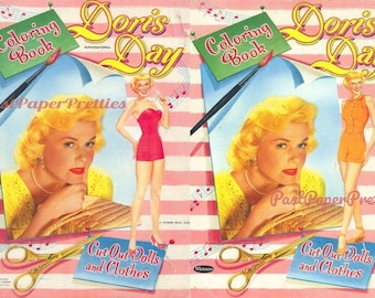 Papierowe lalki z motywem gwiazdy filmowej, lalki wycinane z motywem Doris Day i ubranka z ok. 1953 r., do wydrukowania w formacie PDF, natychmiastowe pobranie cyfrowe, grafika liniowa z motywem gwiazdy Hollywood
