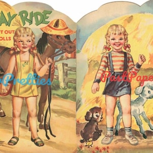 Vintage Paper Dolls Hay Ride uitgesneden poppen c. jaren 1950 pdf-afdrukbare instant digitale download super schattige kleine plattelandsmeisjes jongens illustraties