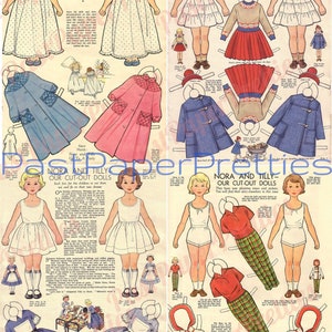 Vintage Papierpuppen Nora und Tilly süße Mädchen druckbare PDF Sofortiger digitaler Download 4 Sets Krankenschwester Gute-Nacht-Spiel und Kleidchen 1956