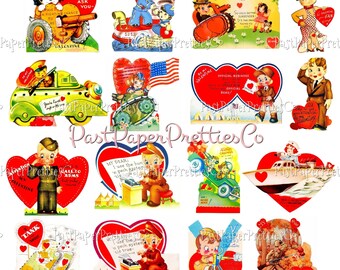 May include: A collection of vintage Valentine's Day cards featuring illustrations of children, military vehicles, and hearts. The cards have a red, white, and blue color scheme and feature text such as "I'm a Gunner" and "Official Business".
