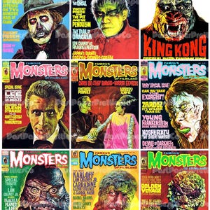 May include: A collection of vintage "Famous Monsters of Filmland" magazine covers. The covers feature classic horror movie monsters like King Kong, Frankenstein, and Dracula, with vibrant colors and bold typography. A nostalgic look at monster movie history.