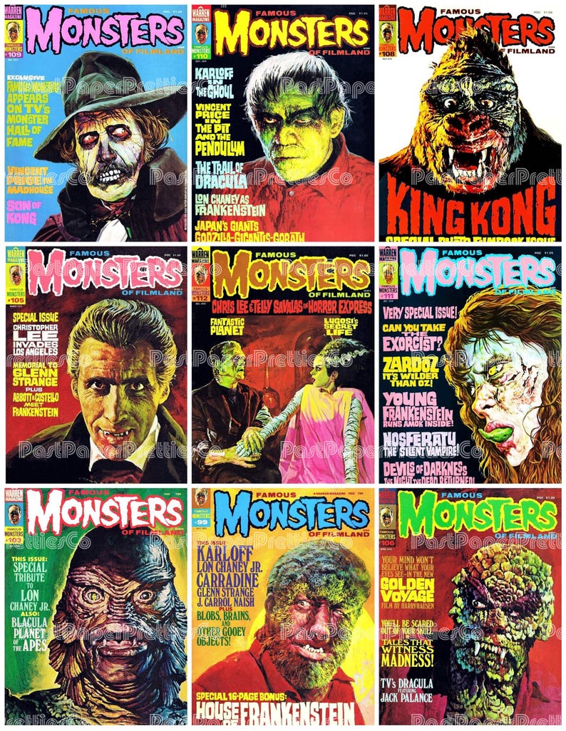 May include: A collection of vintage "Famous Monsters of Filmland" magazine covers. The covers feature classic horror movie monsters like King Kong, Frankenstein, and Dracula, with vibrant colors and bold typography. A nostalgic look at monster movie history.
