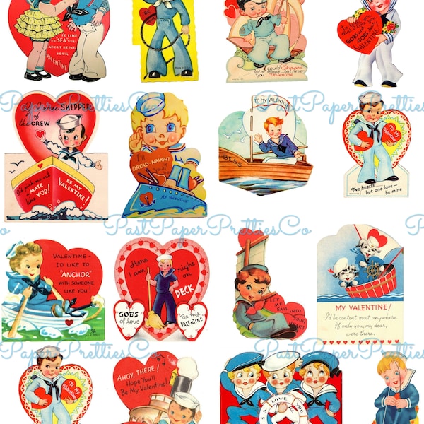 Vintage Sailors Printable Valentines Day Cards All Sailor Boy Navy Themed Collage Sheets PDF Instant Digital Download 2 Sizes