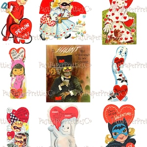 May include: A collection of vintage Valentine's Day cards featuring a variety of themes, including a devil, a ghost, a skeleton, and a bat. The cards are all in red and white with hearts and other festive decorations.