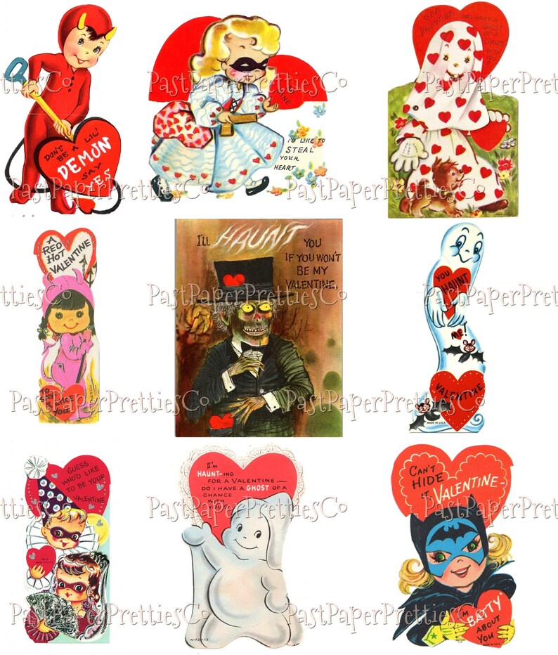 May include: A collection of vintage Valentine's Day cards featuring a variety of themes, including a devil, a ghost, a skeleton, and a bat. The cards are all in red and white with hearts and other festive decorations.