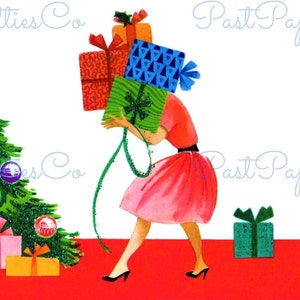 Vintage druckbare Weihnachtskarte Bild seine ihre Geschenke für den Baum Sofortiger digitaler Download süsse Kitsch Mitte des Jahrhunderts Urlaub Clip Art