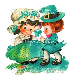Vintage St. Patricks Day Little Irish Lad and Lassie Couple mignon garçon fille carte Image imprimable téléchargement numérique PNG JPEG