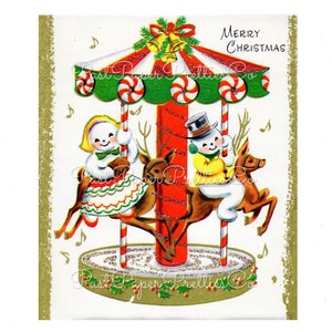 May include: Vintage Christmas card featuring a red and white striped carousel with two snowmen riding reindeer. The carousel is decorated with candy canes and bells. The card reads "Merry Christmas".
