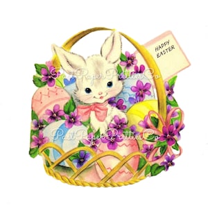 Vintage image de carte imprimable adorable panier d'oeufs de lapin de Pâques joyeux c. Clip Art rétro Peter lapin des années 1950 en téléchargement numérique