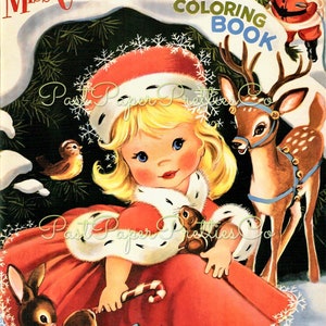 Vintage druckbare Malseiten Little Fräulein Weihnachten Färbung & Santa Malbuch 1956 PDF Instant Digital Download süsse Kitschmas Mädchen