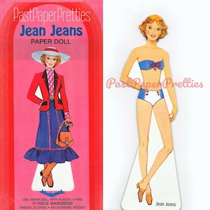 Bonecas de papel vintage Jean Jeans Boneca de moda retrô 1982 PDF para impressão Download digital instantâneo Boneca de brinquedo infantil fofa Clip Art