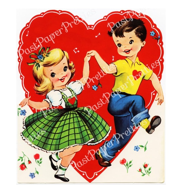 Vintage Printable Valentine Card Image Cute Dancing Girl and Boy 1960s Instant Digital Download Kitsch Children Clip Art 300 dpi