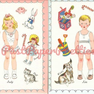 Vintage Papierpuppen Judy und Jim c. 1947 druckbare PDF Sofortiger digitaler Download süsser Bruder Schwester Geschwister Clip Art