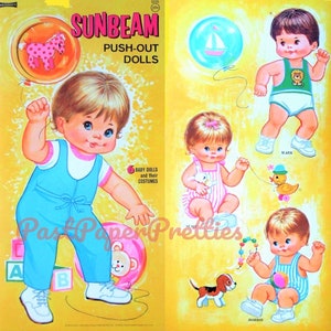 Bonecas de papel vintage Sunbeam Baby Doll Retro 1974 PDF para impressão Download digital instantâneo 6 Kitsch Cute Babies Toddlers Clip Art