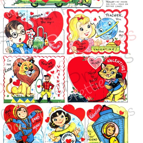 Vintage Printable Retro 1960's Valentines Day Playbook Card Cut Outs 5 Collage Sheets PDF Instant Digital Download Cute Boys Girls Animals