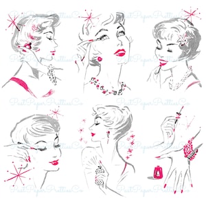 Collage de imágenes de cosméticos retro glamorosos de mediados de siglo, imprimibles, de la década de 1950, descarga digital instantánea, clipart de reina de belleza