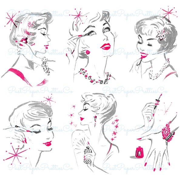 Vintage Printable Retro Glam Girl Mid Century Mod Cosmetics Collage Image c. 1950s Instant Digital Download Beauty Queen Clipart