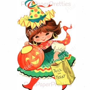 Imagem vintage para impressão de Halloween, linda garota de doces ou travessuras, PDF, download digital instantâneo, impressão faça você mesmo em casa, clipart 300 dpi