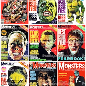 May include: A collection of vintage "Famous Monsters of Filmland" magazines. Each cover features colorful illustrations of classic movie monsters, with bold text and the magazine's title. The magazines are from the 1960s and 1970s.